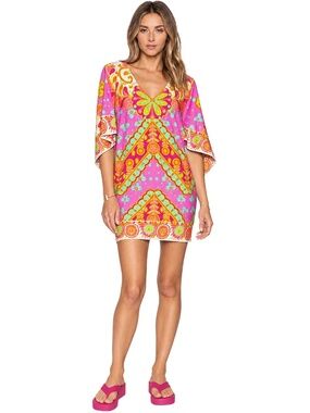 Trina Turk Woodblock Floral Swim Coverup Tunic Mini Dress Vibrant Colours